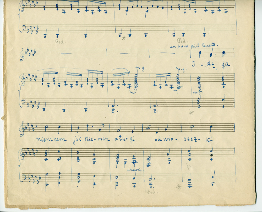 Partition manuscrite d'une version transposée par Lydia Barblan[-Opienska] de la mélodie n° 2 «Piosnka dudarza» tirées des «Six mélodies» pour voix et piano op. 18 de Paderewski sur des poèmes d'Adam Mickiewicz