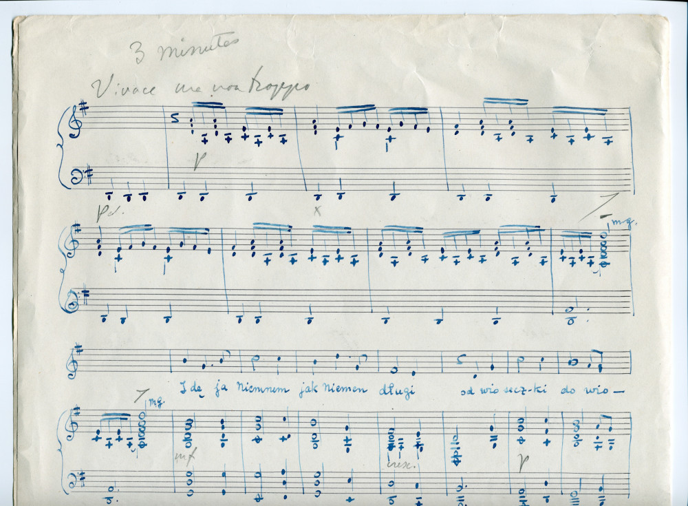 Partition manuscrite d'une version transposée par Lydia Barblan[-Opienska] de la mélodie n° 2 «Piosnka dudarza» tirées des «Six mélodies» pour voix et piano op. 18 de Paderewski sur des poèmes d'Adam Mickiewicz