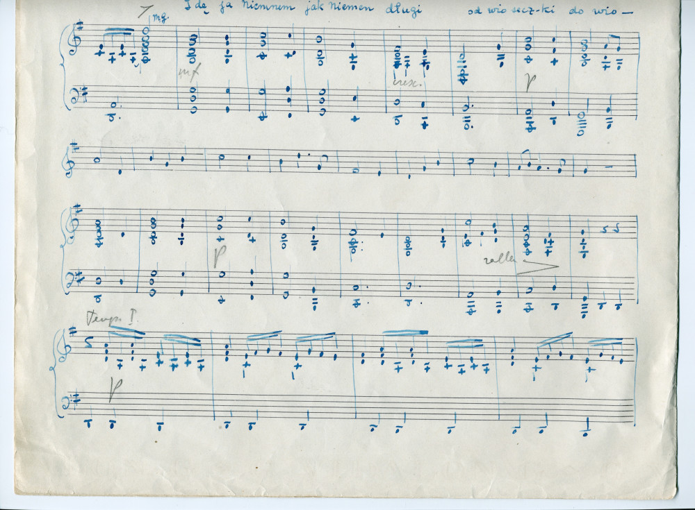 Partition manuscrite d'une version transposée par Lydia Barblan[-Opienska] de la mélodie n° 2 «Piosnka dudarza» tirées des «Six mélodies» pour voix et piano op. 18 de Paderewski sur des poèmes d'Adam Mickiewicz