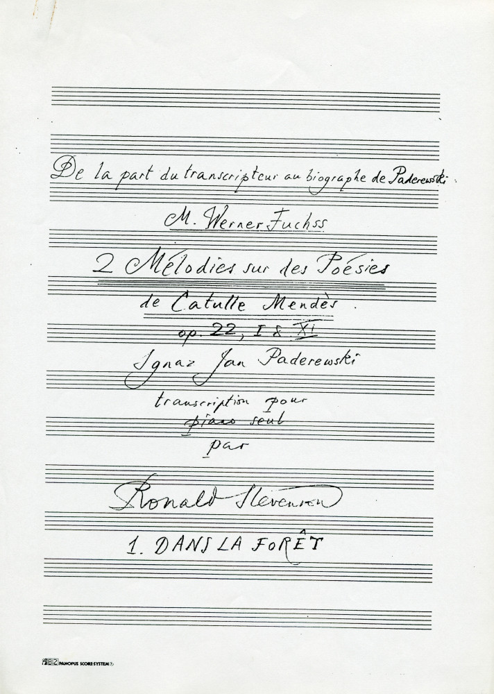 Partition manuscrite (photocopie) de la transcription pour piano par Ronald Stevenson de la mélodie n° 1 «Dans la forêt» tirée des «Douze mélodies sur des poésies de Catulle Mendès» pour voix et piano op. 22 n° 1 de Paderewski