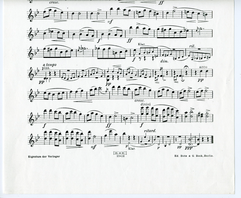 Partition de la transcription pour orchestre par l'auteur de la «Mélodie tirée des Chants du voyageur» pour piano op. 8 n° 3 de Paderewski (Ed. Bote & G. Bock, Berlin)