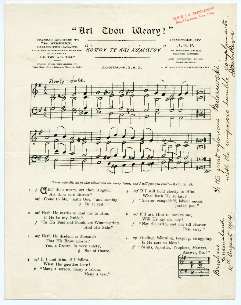 Partition de «Art Thou Weary!» de J. Barr Phayre, sur un texte grec traduit en anglais par le Rev. John Mason Neale – «In memory of his beloved mother, and dedicated to his dear sisters, A. K. and Eve Barr Phayre»