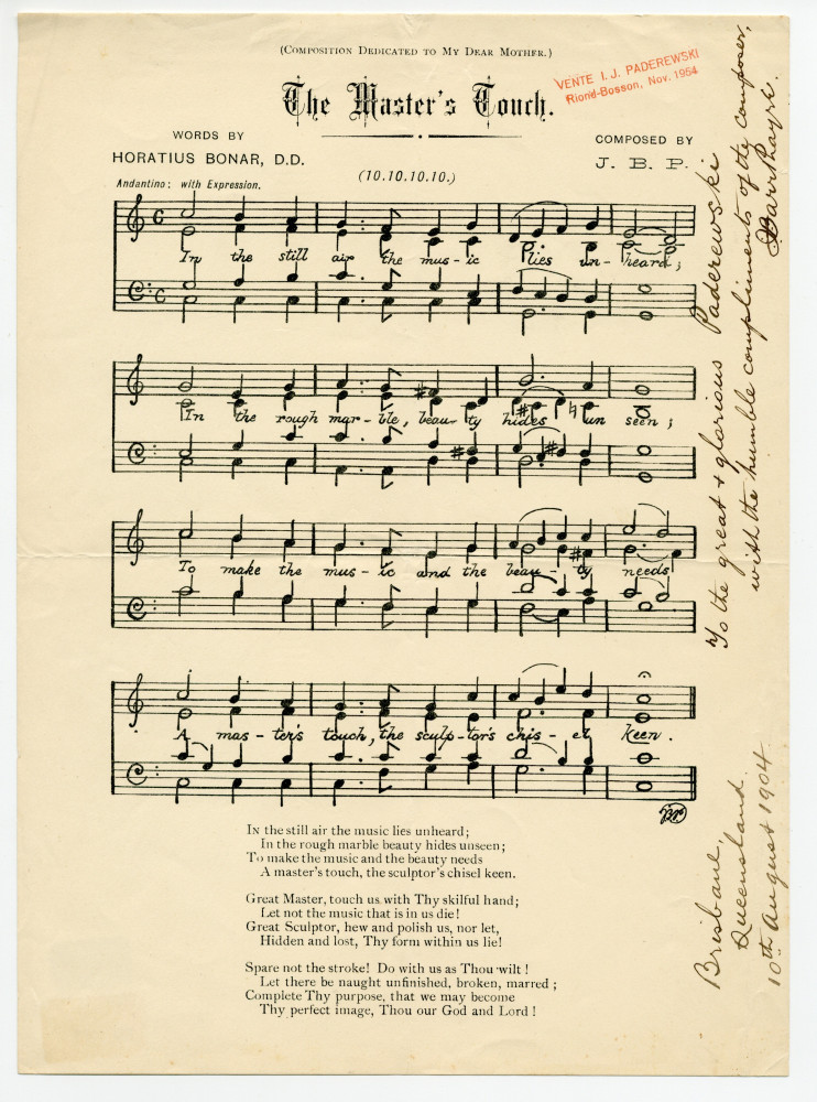 Partition de «The Master's Touch» de J. Barr Phayre, sur un texte de Horatius Bonar – «Composition dedicated to my dear mother» – dédicace manuscrite «To the great glorious Paderewski, with the composer's humble compliments, Brisbane, Queensland, 10th Augu