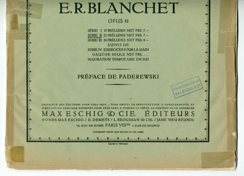 Partition des «64 Préludes, Etude contrapuntique de technique transcendante pour piano» op. 41 d'Emile-Robert Blanchet (1877-1943) – préface de Paderewski (Max Eschig, Paris, 1926)