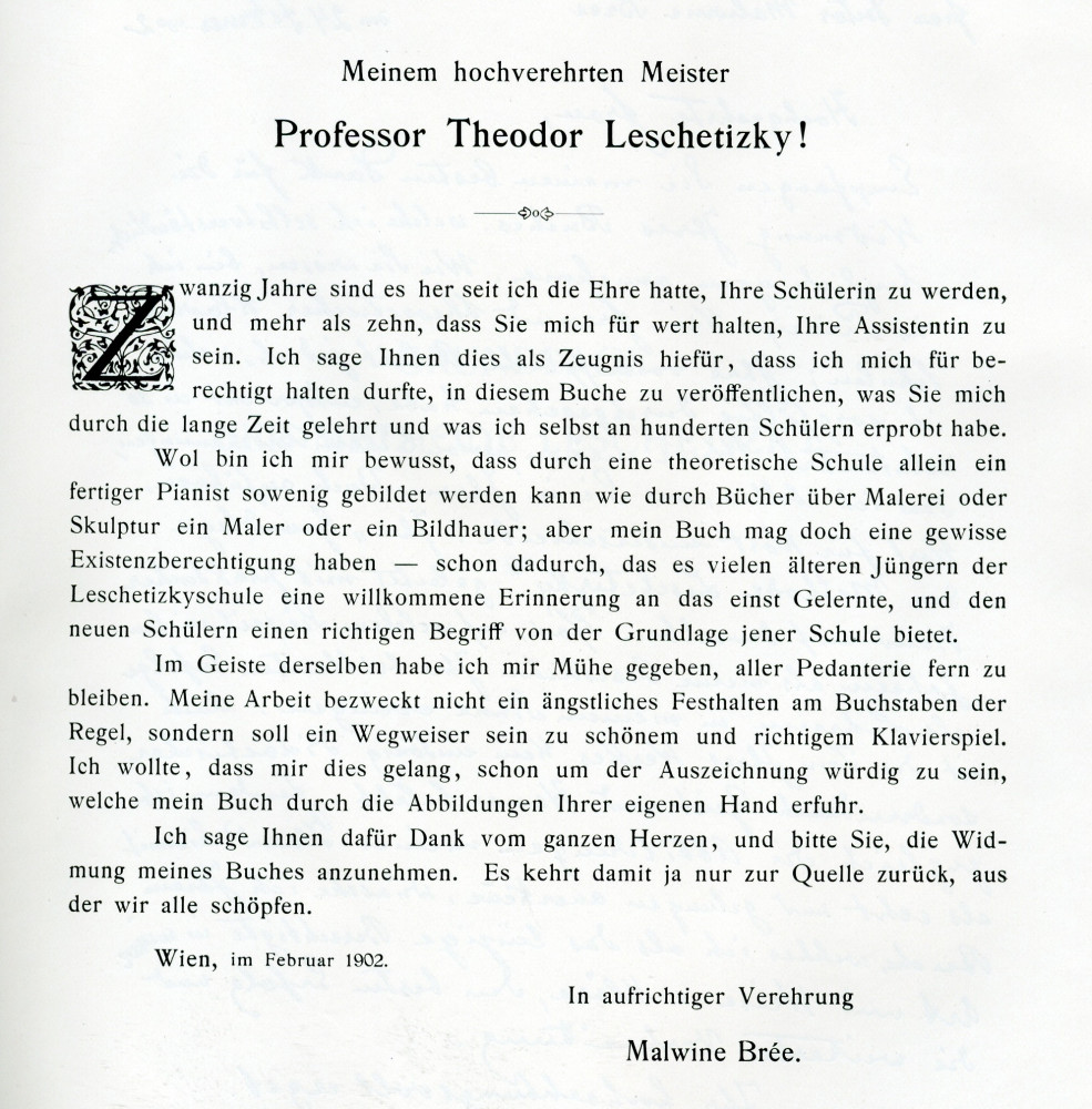 Partition de «Die Grundlage der Methode Leschetizky, mit Autorisation des Meisters herausgegeben von seiner Assistentin Malwin Brée, mit 47 Abbildungen der Hand Leschetitzkys» (B. Schott's Söhne, Mainz, 1902)