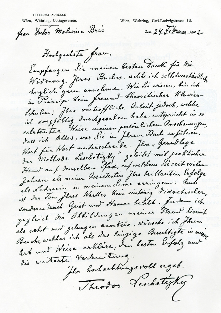 Partition de «Die Grundlage der Methode Leschetizky, mit Autorisation des Meisters herausgegeben von seiner Assistentin Malwin Brée, mit 47 Abbildungen der Hand Leschetitzkys» (B. Schott's Söhne, Mainz, 1902)