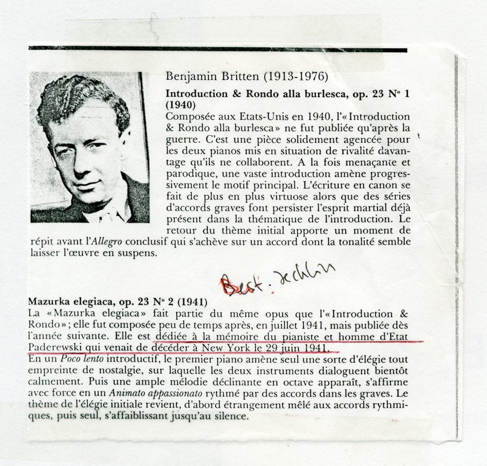 Partition de la «Mazurka Elegiaca, Two Pianos – Four Hands» op. 23 n° 2 de Benjamin Britten (1913-1976) – «in memoriam I. J. Paderewski» (Boosey & Hawkes, USA, 1942)