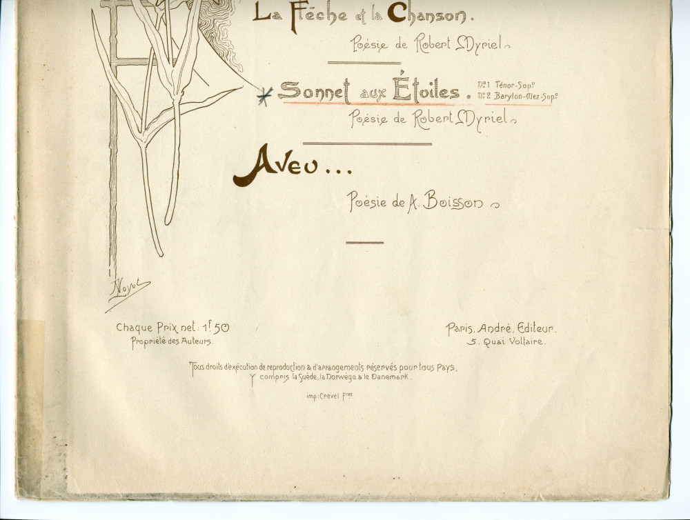 Partition de la deuxième des «Trois Mélodies» de Paul Bruneau, «Sonnet aux Etoiles», sur un poème de Robert Myriel – «À Madame Louise Planès» (André, Editeur, Paris) – dédicace manuscrite à Paderewski: «Hommage respectueux»