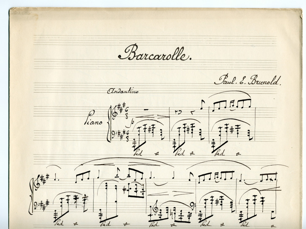 Partition manuscrite de la «Barcarolle» pour piano de Paul E. Brunold (1875-1948) – dédicace manuscrite en polonais à Paderewski