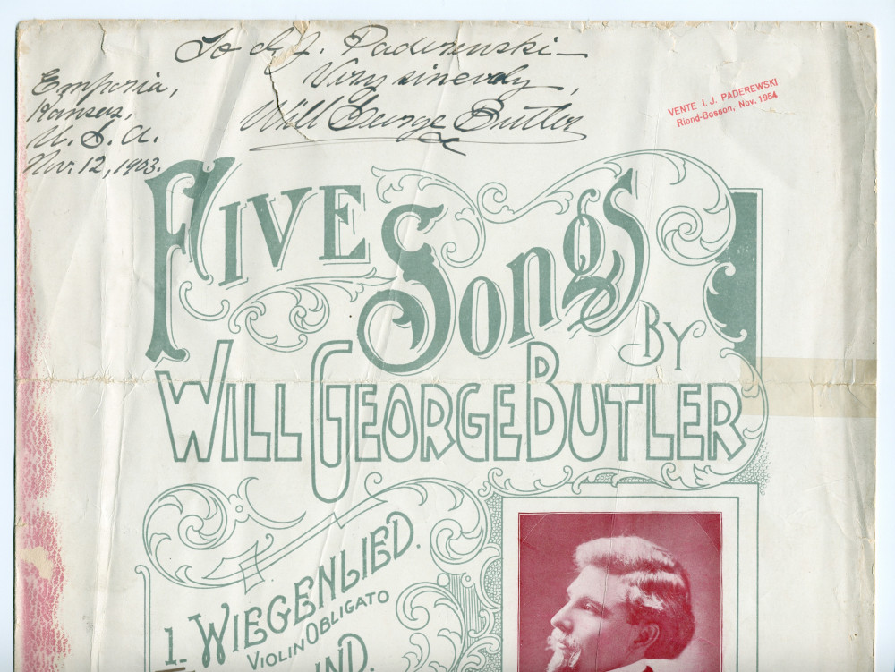 Partition du premier des «Five Songs» op. 11 de Will George Butler (1876-1955), «Wiegenlied» avec violon obligé (Lyon & Healy, Chicago, 1901) – dédicace manuscrite «To I. J. Paderewski, very sincerely»