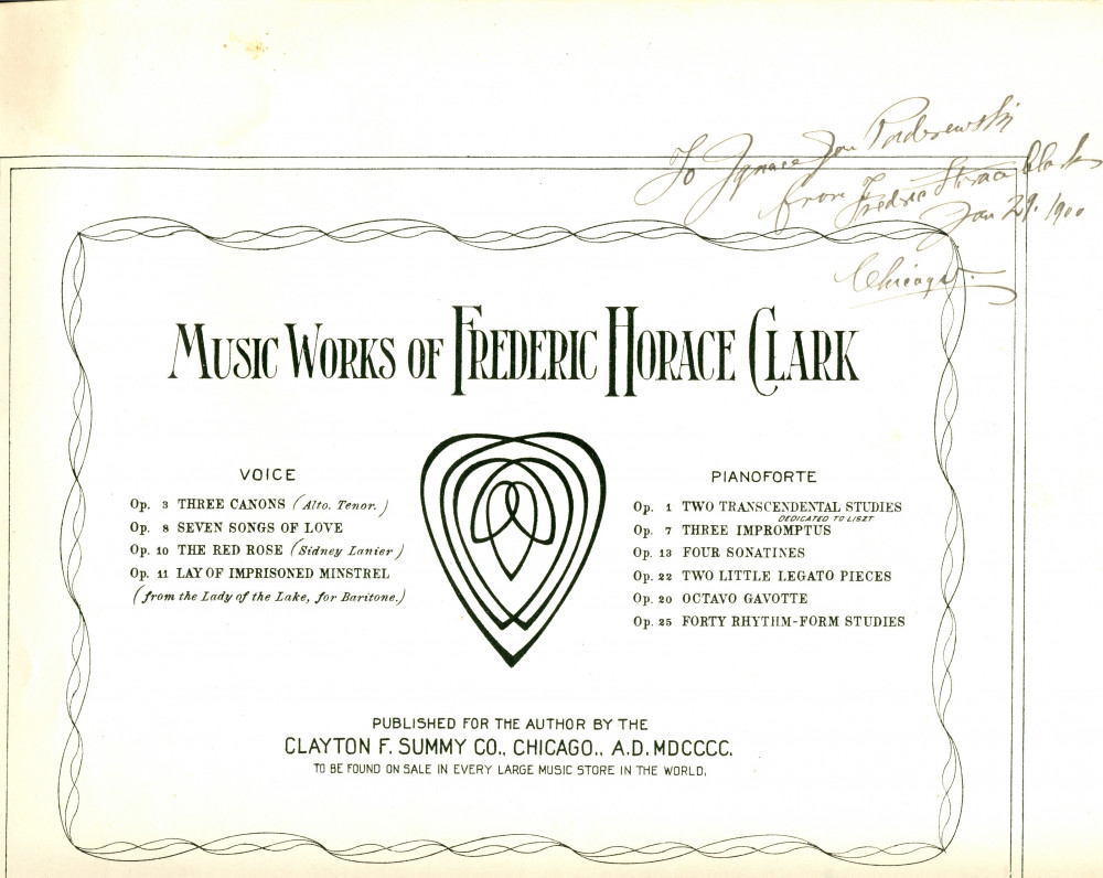 Partition de «Octavo Gavotte» op. 20 pour piano de Frederic Horace Clark (1860-1917) (Clayton F. Summy Co., Chicago, 1900) – dédicace manuscrite «To Ignace Jan Paderewski from Frederic Horace Clark, Jan 29 1900»