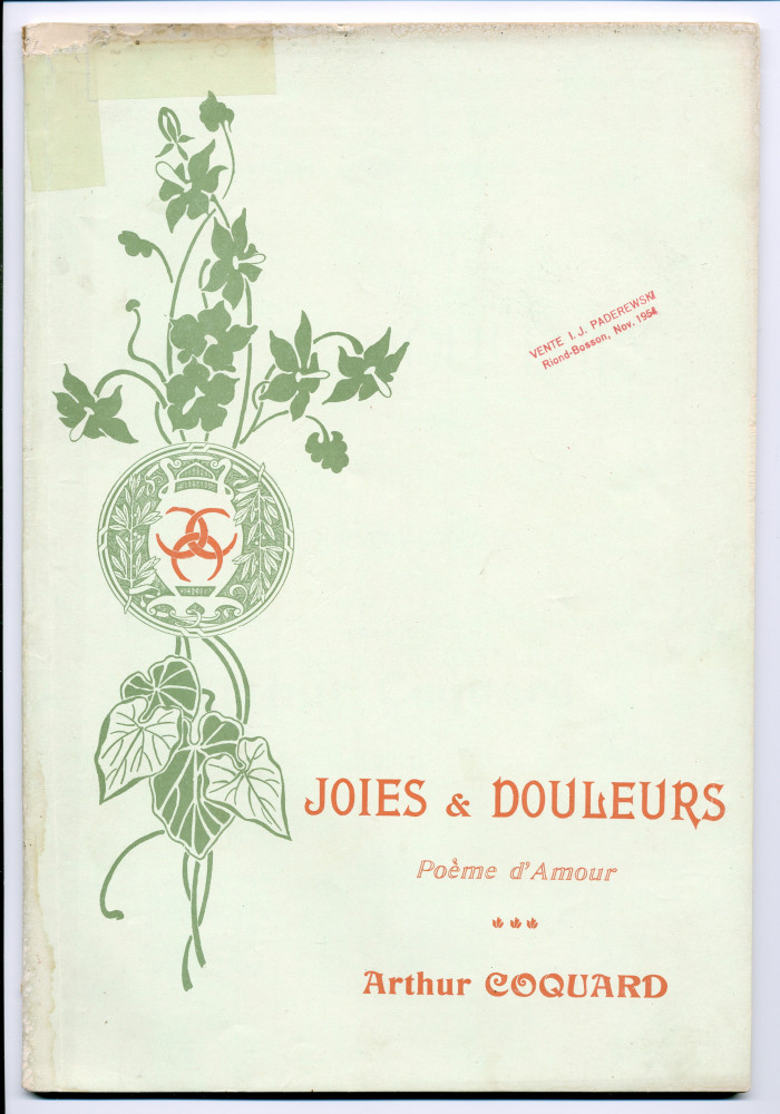 Partition de «Joies et Douleurs, Poème d'amour» d'Arthur Coquard (1846-1910), sur un poème de Cécile Fournery-Coquard – «à mon ami Victor Meignan» (Costallat & Cie, Paris) – dédicace manuscrite «à I. Paderewski, en souvenir des bons jours de Suisse»