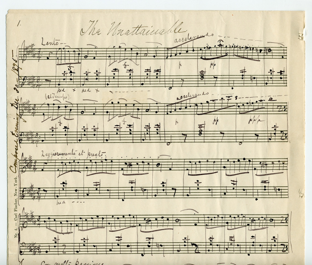 Partition manuscrite de «The Unattainable» pour piano (2 pleines pages) de Helen M. Coyle – «Composed Evening Dec. 30 1895»