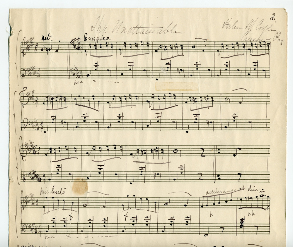 Partition manuscrite de «The Unattainable» pour piano (2 pleines pages) de Helen M. Coyle – «Composed Evening Dec. 30 1895»