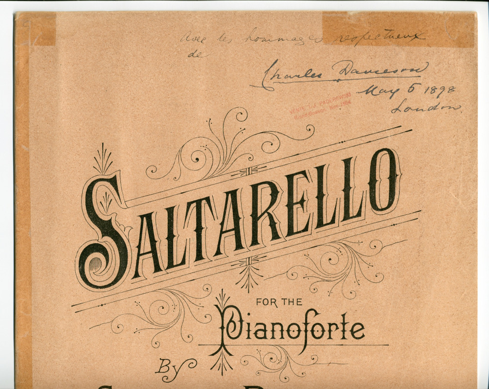 Partition de «Saltarello for the Pianoforte» de Charles Davieson (Forsyth Brothers, Londres, 1898) – dédicace manuscrite à Paderewski: «Avec les hommages respectueux de Charles Davieson, May 5 1898, London»