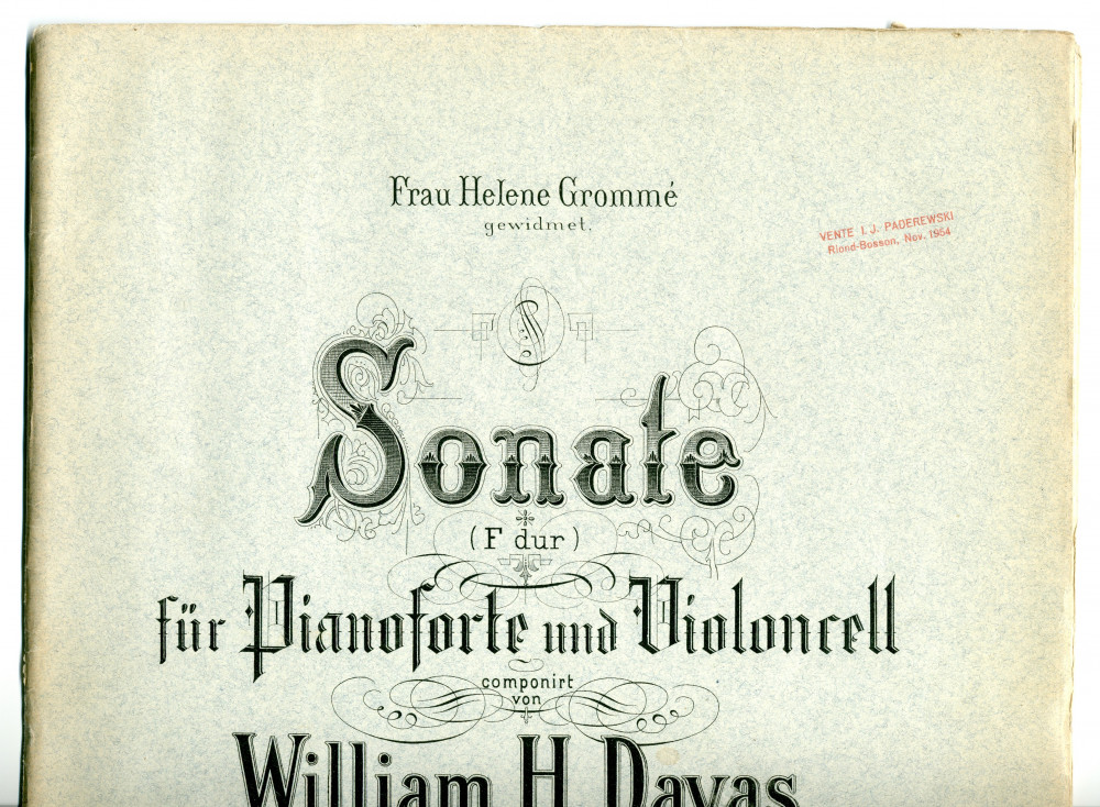 Partition de la «Sonate F-Dur für Pianoforte und Violoncell» op. 12 de William Humphreys Dayas (1864-1903) – «Frau Helene Grommé gewidmet» (Fr. Kistner, Leipzig, 1901)