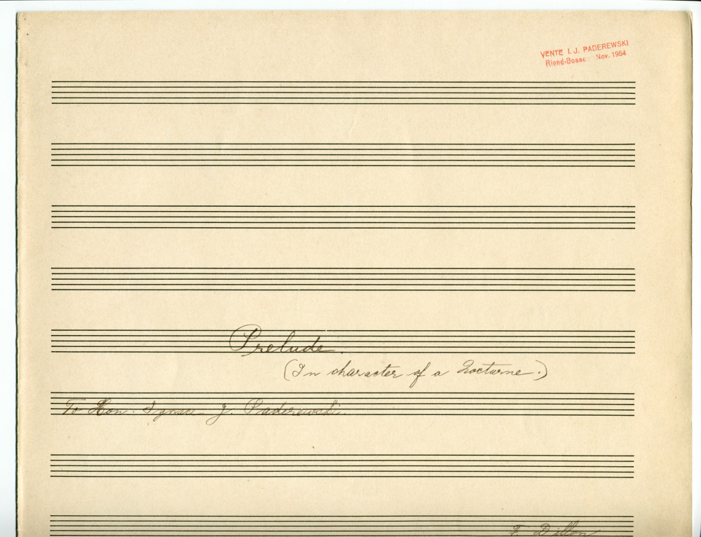 Partition manuscrite du «Prelude (in character of a Nocturne)» pour piano de F. Dillon – dédié «To Hon. Ignace J. Paderewski»