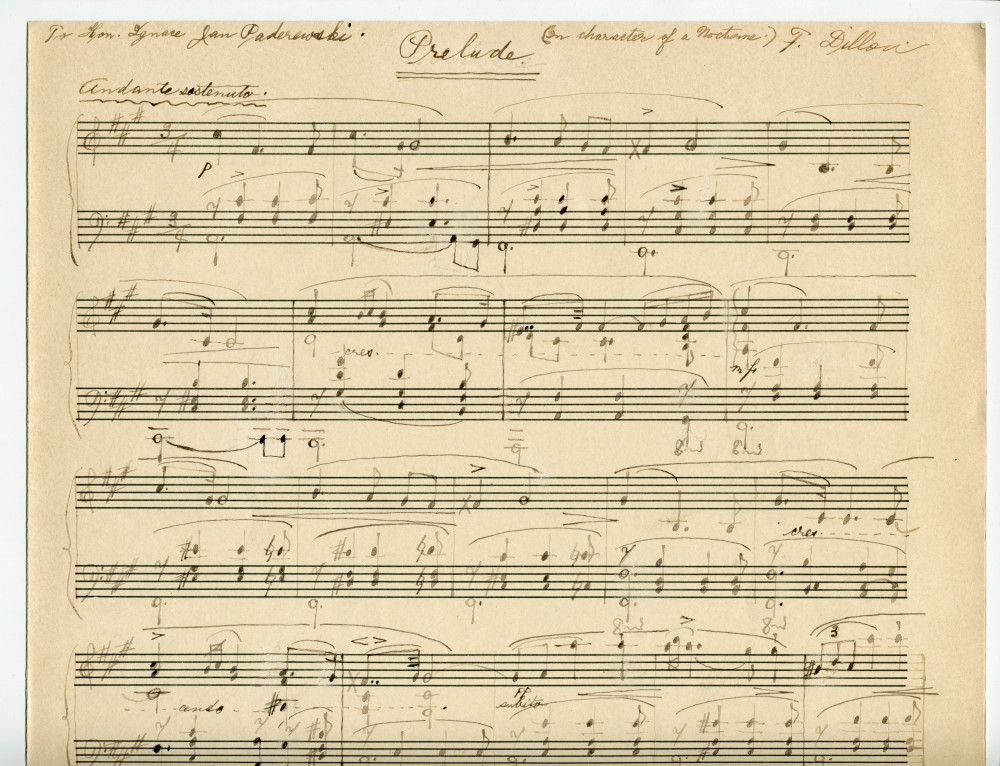 Partition manuscrite du «Prelude (in character of a Nocturne)» pour piano de F. Dillon – dédié «To Hon. Ignace J. Paderewski»