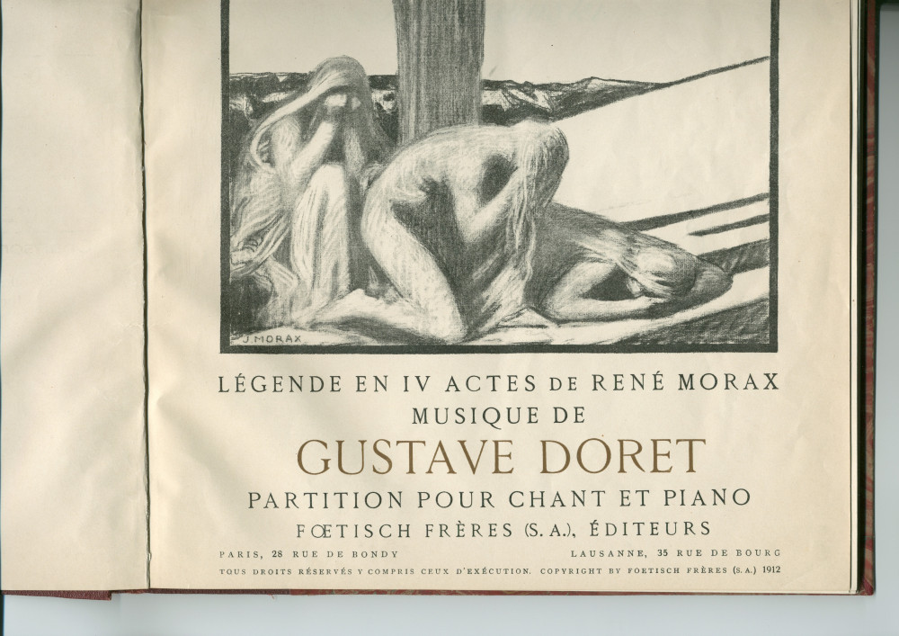 Partition (pour chant et piano) de «La Nuit des Quatre-Temps, Légende en 4 actes» de René Morax (1873-1963) (texte) et Gustave Doret (1866-1943) – «à Paderewski» (Fœtisch Frères SA, Editeurs, Lausanne, 1912 – reliure cartonnée)