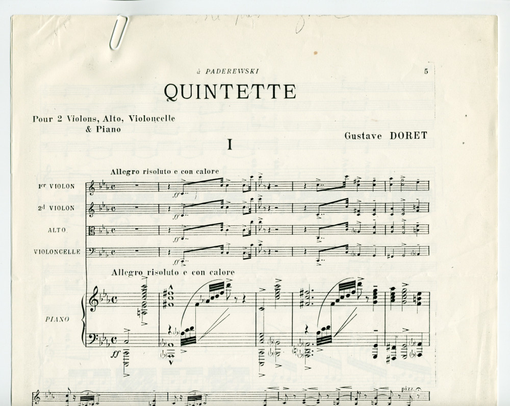 Partition du «Quintette pour 2 violons, alto, violoncelle & piano» de Gustave Doret (1866-1943) – «à Paderewski» (Editions Henn, Genève, 1926) – photocopies uniquement des pages 5 (début) et 63 (fin)