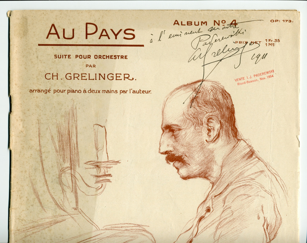 Partition de «Au Pays, suite pour orchestre, arrangé pour piano à deux mains par l'auteur» de Charles Grelinger (1873-19??) – «À mon ami Wouter Hutschenruyter, chef d'orchestre à Utrecht» (Edition musicale internationale, La Chaux-de-Fonds, 1910)