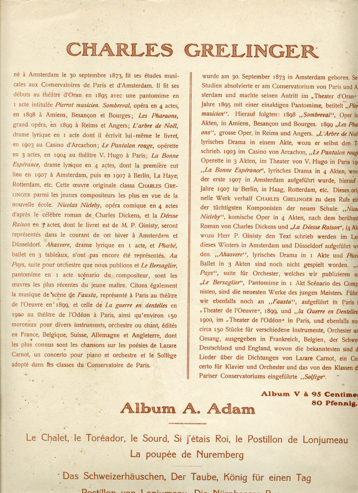 Partition de «Au Pays, suite pour orchestre, arrangé pour piano à deux mains par l'auteur» de Charles Grelinger (1873-19??) – «À mon ami Wouter Hutschenruyter, chef d'orchestre à Utrecht» (Edition musicale internationale, La Chaux-de-Fonds, 1910)