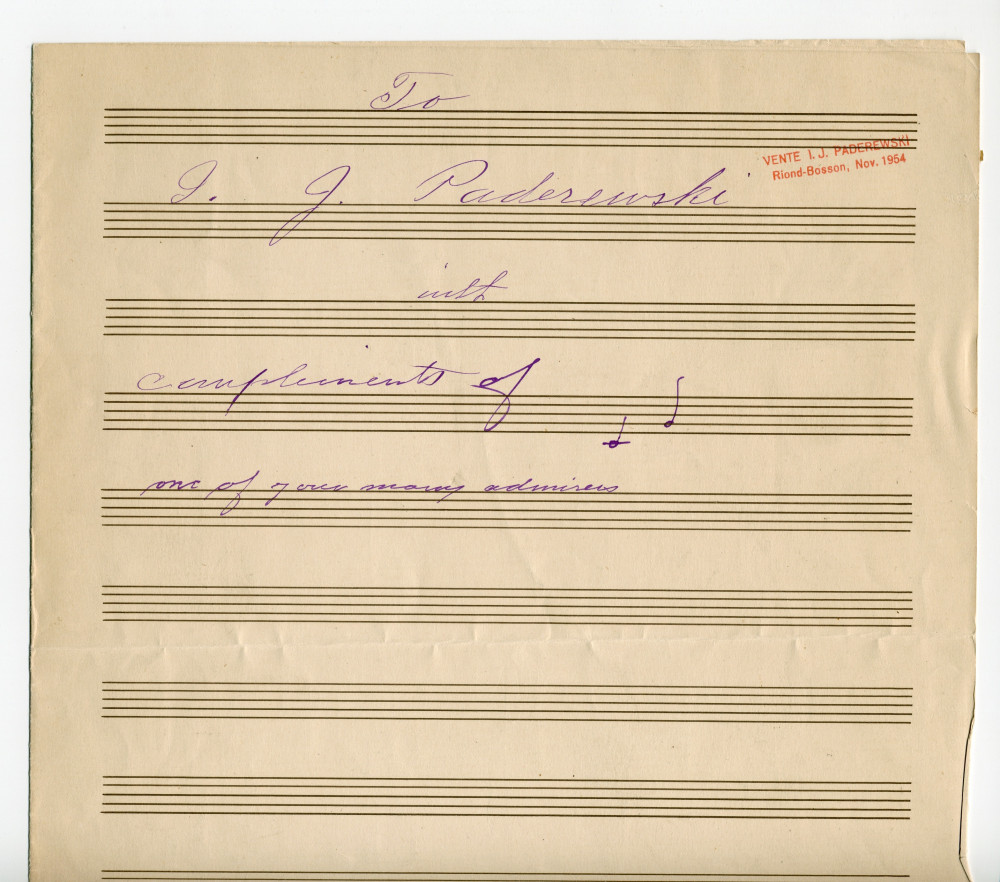 Partition manuscrite pour piano (2 pages / 3 systèmes) de C. Grunewald – «To I. J. Paderewski, with compliments of one of your many admirers»
