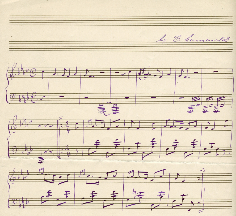 Partition manuscrite pour piano (2 pages / 3 systèmes) de C. Grunewald – «To I. J. Paderewski, with compliments of one of your many admirers»