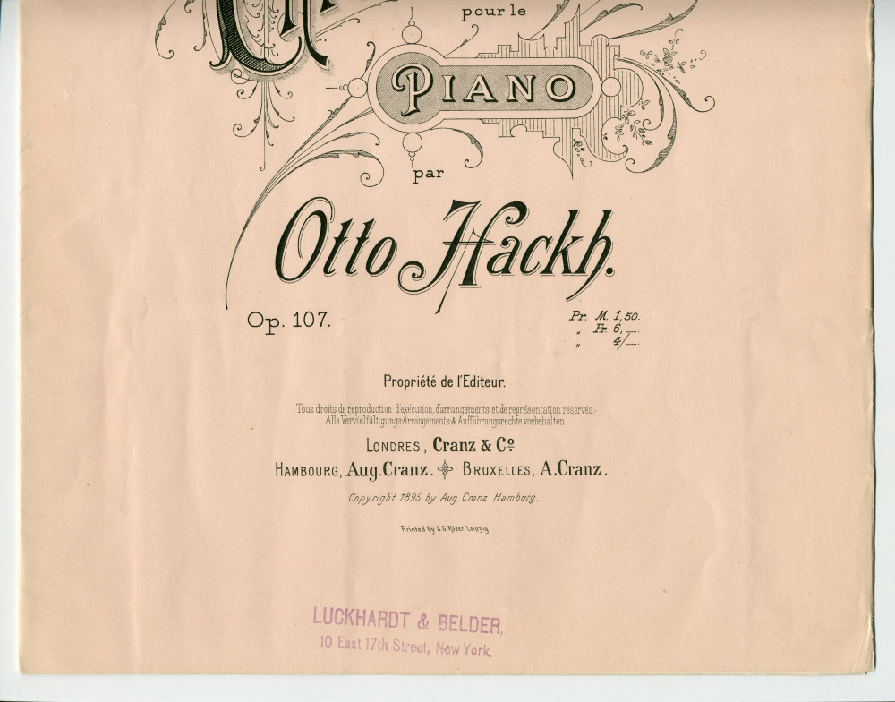 Partition de la «Valse Chromatique pour le piano» op. 107 d'Otto Christoph Hackh (1852-1917) (Aug. Cranz, Hambourg, 1895) – dédicace manuscrite à Paderewski: «Hommage de l'auteur, New York, 30 octobre 1895»