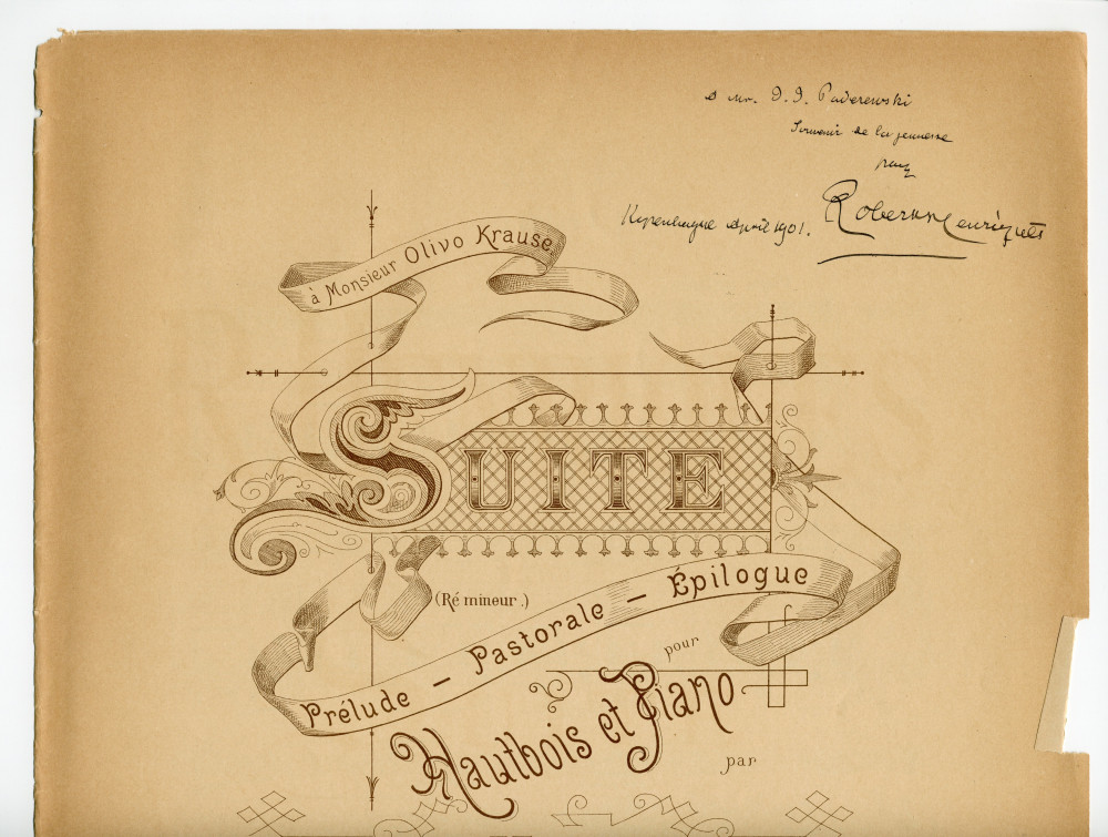 Partition de la Suite en ré mineur pour hautbois et piano op. 16 de Robert Martin Henriques (1858-1914) – «à Monsieur Olivo Krause» (Wilhelm Hansen, Editeur, Copenhague & Leipzig, 1901 [?] – 2 parties séparées)