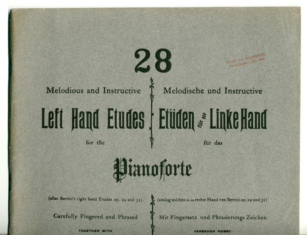 Partition des «28 Left Hand Etudes for the Pianoforte (after Bertini's right hand Etudes op. 29 and 32) Carefully Fingered and Phrased together with Original Melodies for the Right Hand» op. 100 d'August W. Hoffmann (Breitkopf & Härtel, New York, 1902)