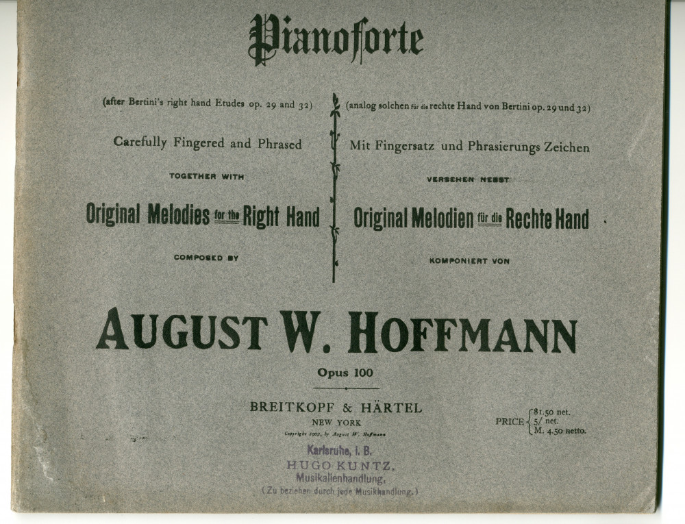 Partition des «28 Left Hand Etudes for the Pianoforte (after Bertini's right hand Etudes op. 29 and 32) Carefully Fingered and Phrased together with Original Melodies for the Right Hand» op. 100 d'August W. Hoffmann (Breitkopf & Härtel, New York, 1902)