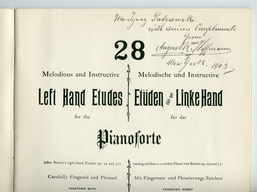 Partition des «28 Left Hand Etudes for the Pianoforte (after Bertini's right hand Etudes op. 29 and 32) Carefully Fingered and Phrased together with Original Melodies for the Right Hand» op. 100 d'August W. Hoffmann (Breitkopf & Härtel, New York, 1902)