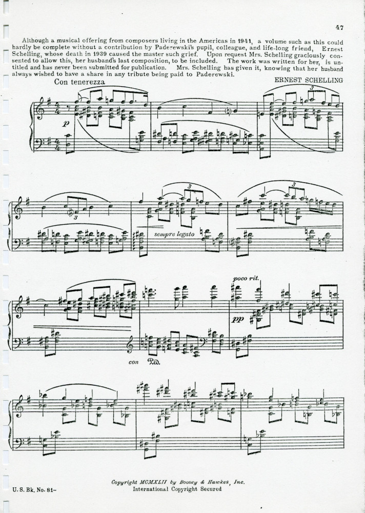 «Homage to Paderewski, Piano Solo» – 16 pièces originales de différents compositeurs contemporains écrites à l'instigation de Darius Milhaud pour célébrer les 50 ans des débuts de Paderewski à New York (Boosey & Hawkes, New York, 1941)