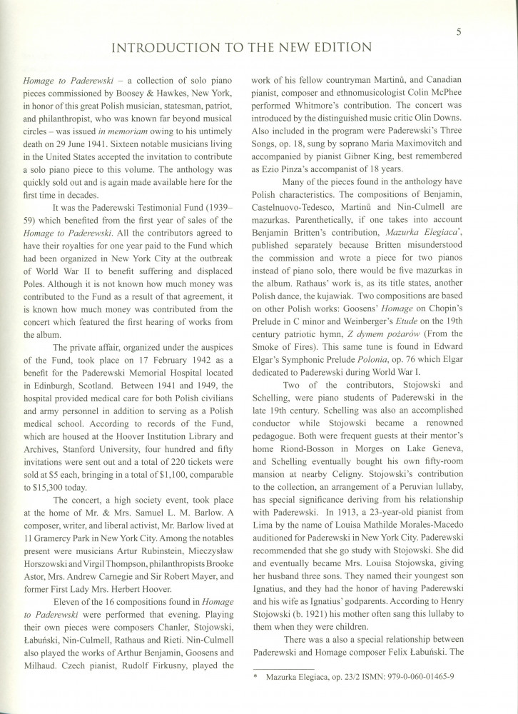 «Homage to Paderewski, Piano Solo» – 16 pièces originales de différents compositeurs contemporains écrites à l'instigation de Darius Milhaud pour célébrer les 50 ans des débuts de Paderewski à New York (Boosey & Hawkes, New York, 1941 – nouvelle éditio