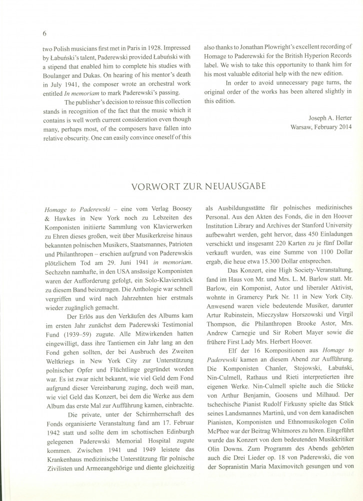 «Homage to Paderewski, Piano Solo» – 16 pièces originales de différents compositeurs contemporains écrites à l'instigation de Darius Milhaud pour célébrer les 50 ans des débuts de Paderewski à New York (Boosey & Hawkes, New York, 1941 – nouvelle éditio