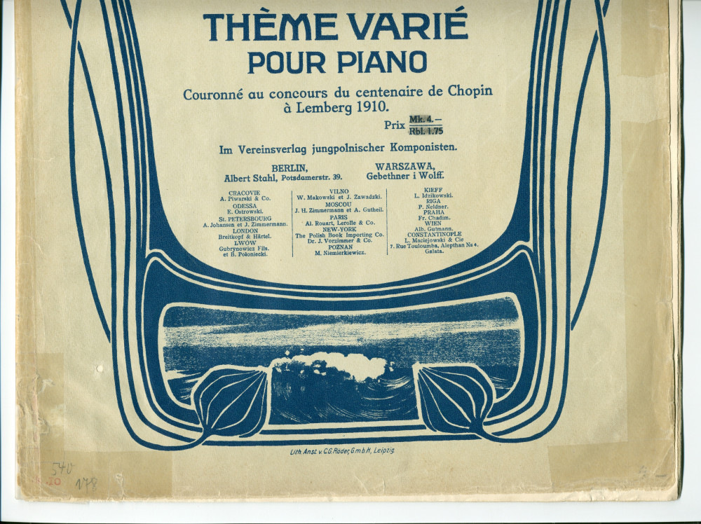 Partition du «Thème varié pour piano» op. 11 d'Henryk Opienski (1870-1942) – «couronné au concours du centenaire de Chopin à Lemberg 1910» – «à mon cher Maître I. J. Paderewski» (Vereinsverlag jungpolnischer Komponisten, Berlin / Warszawa)