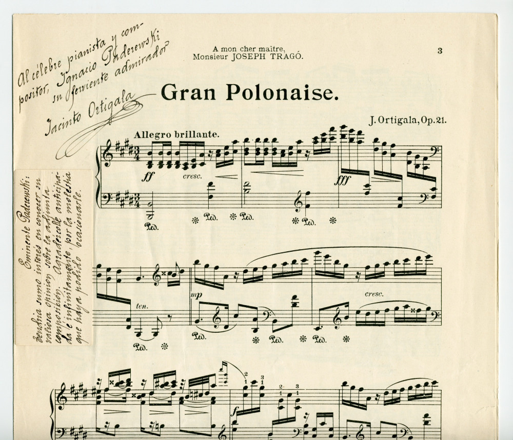Partition de la «Gran Polonaise» pour piano op. 21 de Jacinto Ortigala (1877-1958) – «À mon cher maître, Monsieur Joseph Tragó» (Fritz Schuberth Jt., Leipzig) – dédicace manuscrite en espagnol à Paderewski