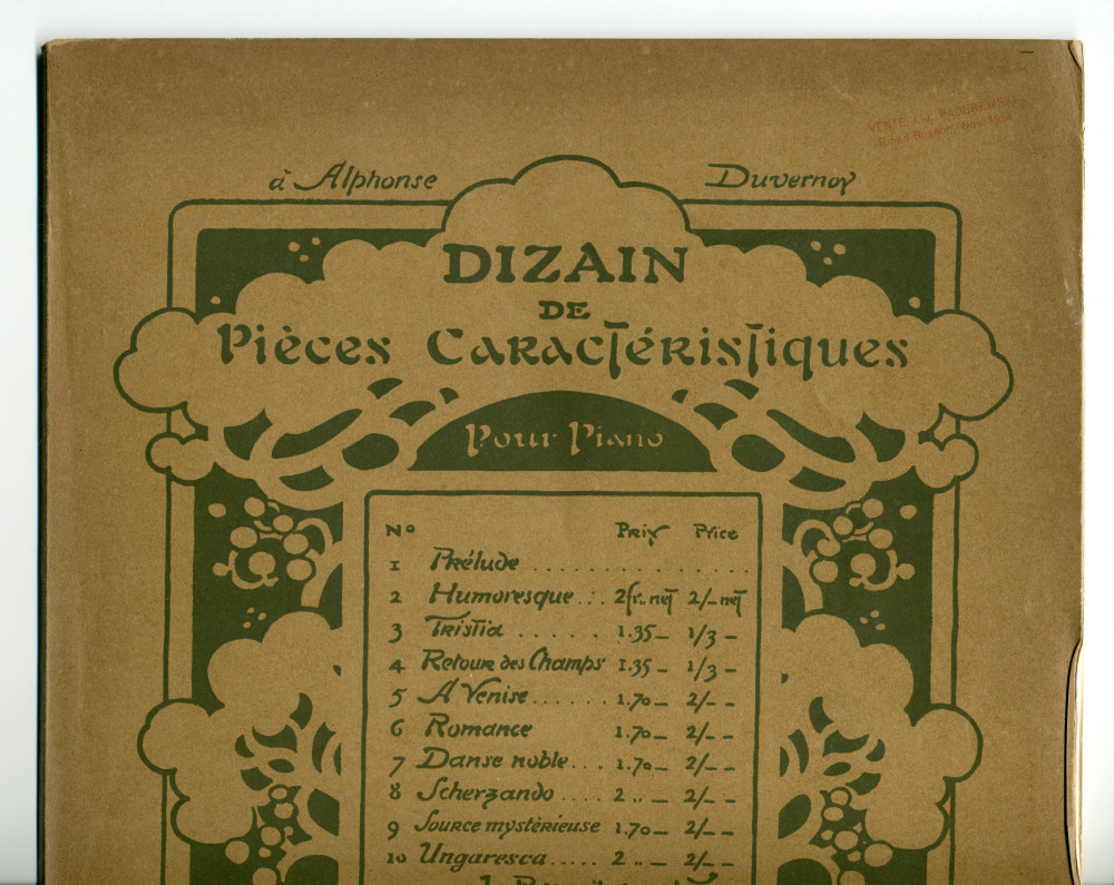 Partition du «Dizain de Pièces Caractéristiques» pour piano d'Emile Paladilhe (1844-1926) – «à Alphonse Duvernoy» (Enoch & Co., Paris, 1902) – dédicace manuscrite «Au très grand artiste Paderewski, cordial souvenir du 14 mai 1903»