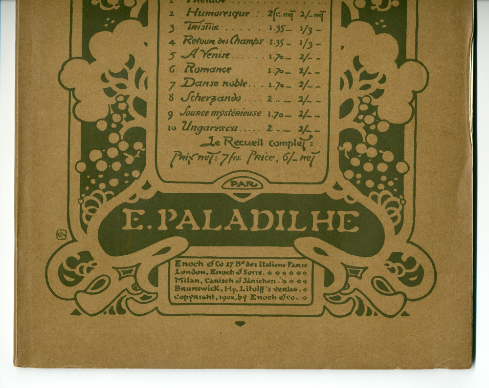 Partition du «Dizain de Pièces Caractéristiques» pour piano d'Emile Paladilhe (1844-1926) – «à Alphonse Duvernoy» (Enoch & Co., Paris, 1902) – dédicace manuscrite «Au très grand artiste Paderewski, cordial souvenir du 14 mai 1903»