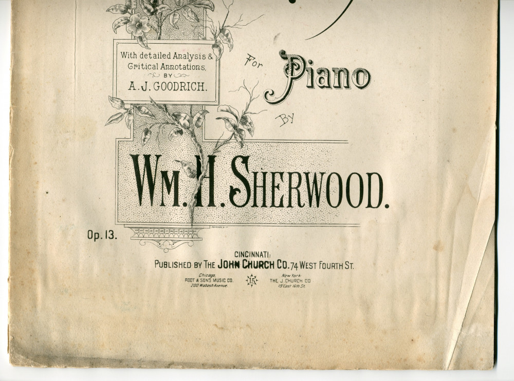 Partition de «Medea for Piano» op. 13 de William H. Sherwood (1854-1911) – «With detailed analysis & critical annotations by A. J. Goodrich» – «To I. J. Paderewski» –dédicace manuscrite «To Mr. I. J. Paderewski, with deep admiration of William H. Sherw