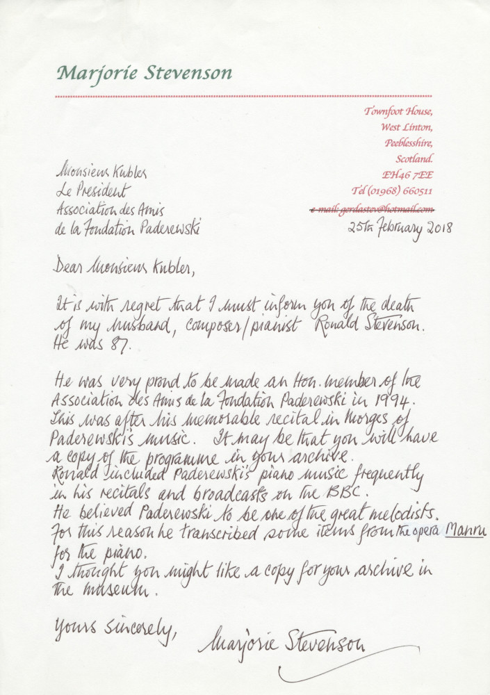 Partition de la «Suite for piano from Paderewski's opera Manru» de Ronald Stevenson, composée en 1961 (Edinburgh, The Ronald Stevenson Society, 2001) – accompagnée d'une lettre de la veuve, Marjorie Stevenson