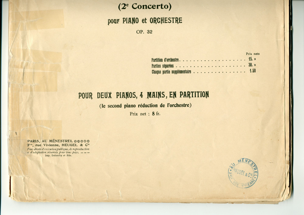 Partition du «Prologue, Scherzo et Variations (2e Concerto) pour piano et orchestre» [réduction de piano] op. 32 de Zygmunt Stojowski (1870-1946) – «au Maître Paderewski, Hommage d'affection reconnaissante» (Au Ménestrel / Heugel & Cie, Paris, 1914)