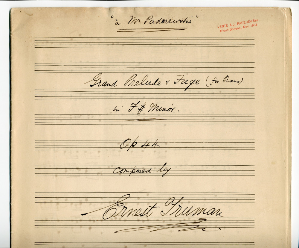 Partition manuscrite du «Grand Prelude & Fuge (for Piano) in F-sharp Minor» op. 44 d'Ernest Edwin Philip Truman (1869-1948) – dédié «à Mr. Paderewski» (Sydney)