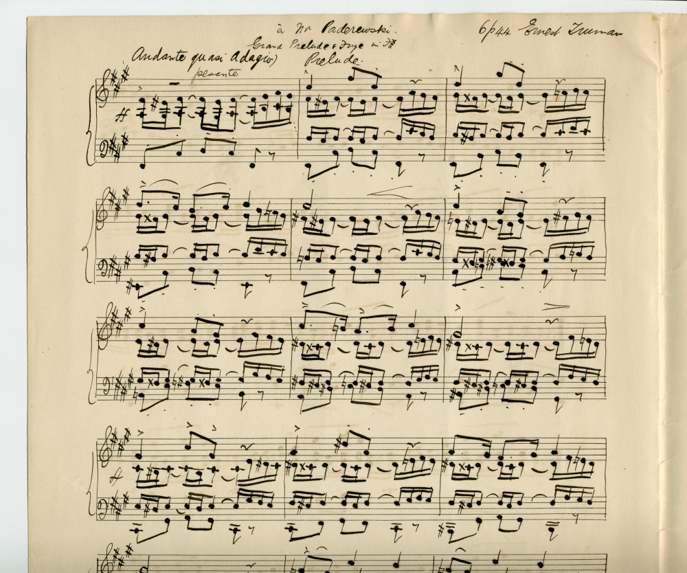 Partition manuscrite du «Grand Prelude & Fuge (for Piano) in F-sharp Minor» op. 44 d'Ernest Edwin Philip Truman (1869-1948) – dédié «à Mr. Paderewski» (Sydney)
