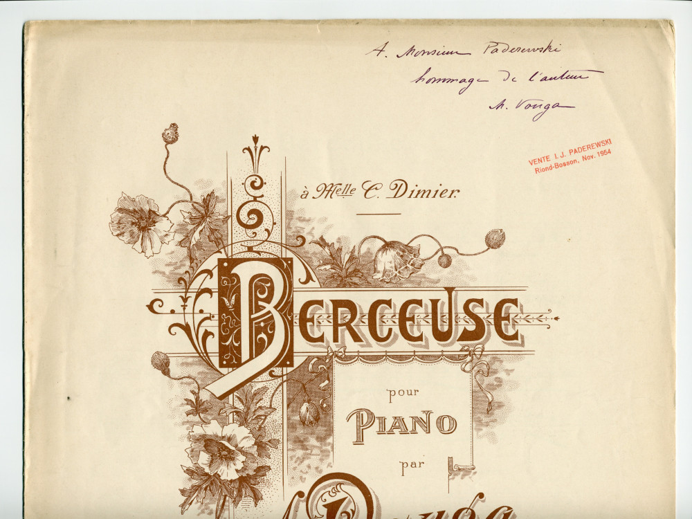 Partition de la «Berceuse pour piano» de M. Vouga – «à Mlle C. Dimier» (Vouga & Co., Editeurs, Genève) – dédicace manuscrite «À Monsieur Paderewski, hommage de l'auteur»
