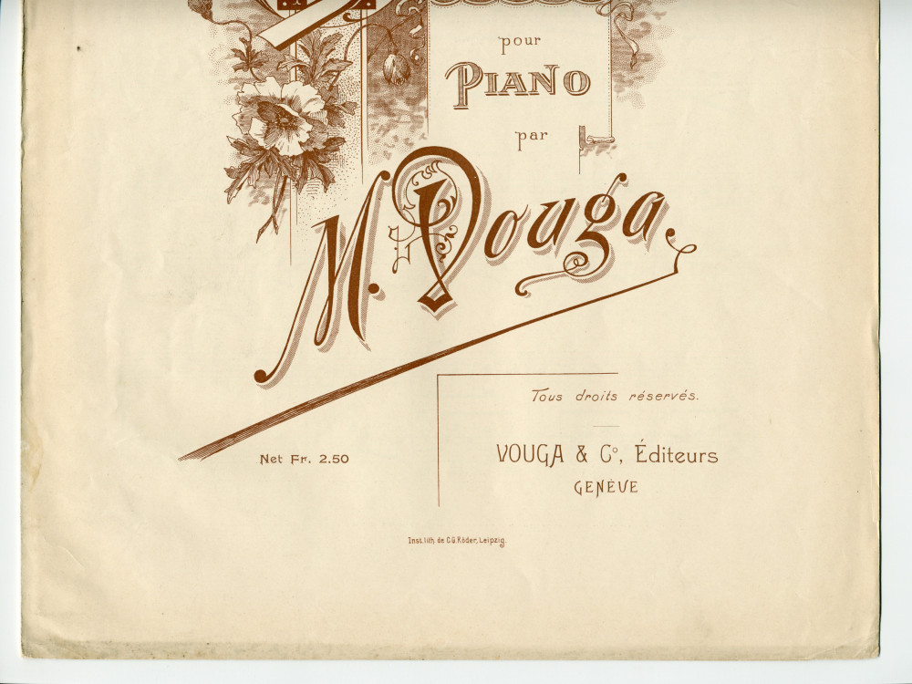 Partition de la «Berceuse pour piano» de M. Vouga – «à Mlle C. Dimier» (Vouga & Co., Editeurs, Genève) – dédicace manuscrite «À Monsieur Paderewski, hommage de l'auteur»