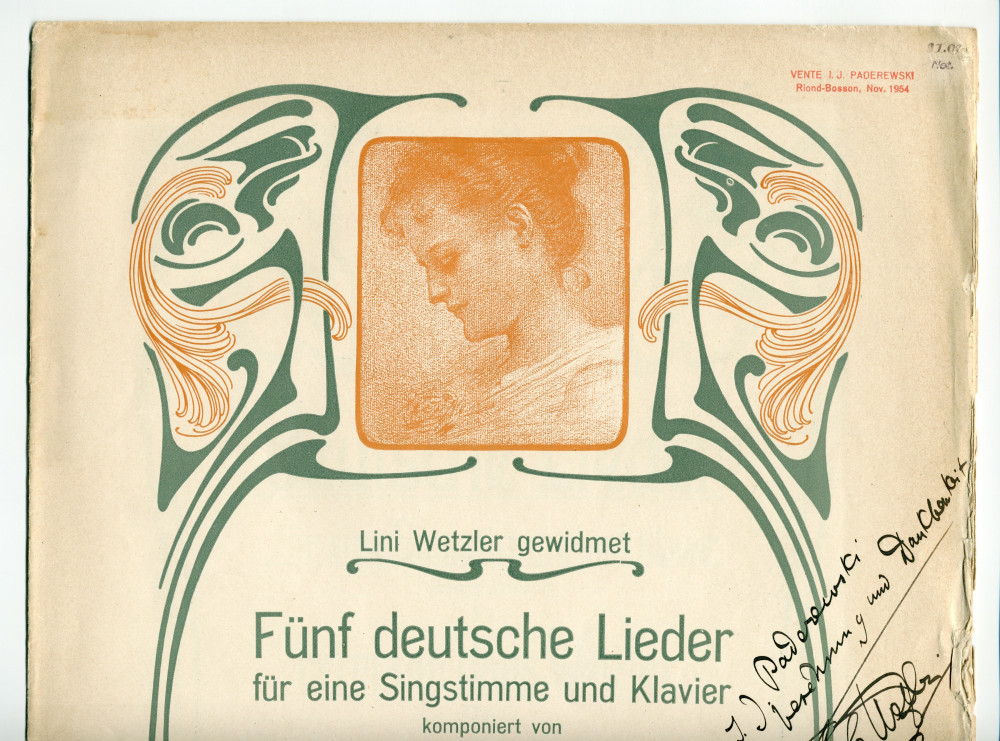 Partition des «Fünf deutsche Lieder für eine Singstimme und Klavier» op. 2 de Hermann Hans Wetzler (1870-1943) – «Lini Wetzler gewidmet» (Verlag Hermann Seemann Nachfolger, Leipzig, 1902)