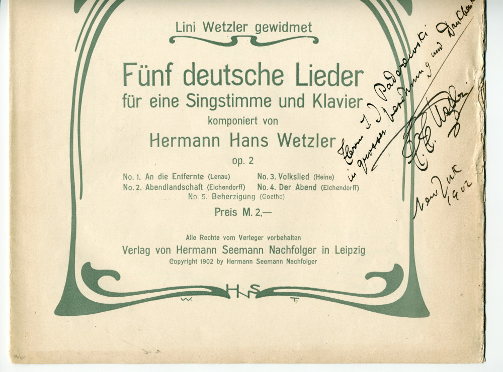 Partition des «Fünf deutsche Lieder für eine Singstimme und Klavier» op. 2 de Hermann Hans Wetzler (1870-1943) – «Lini Wetzler gewidmet» (Verlag Hermann Seemann Nachfolger, Leipzig, 1902)