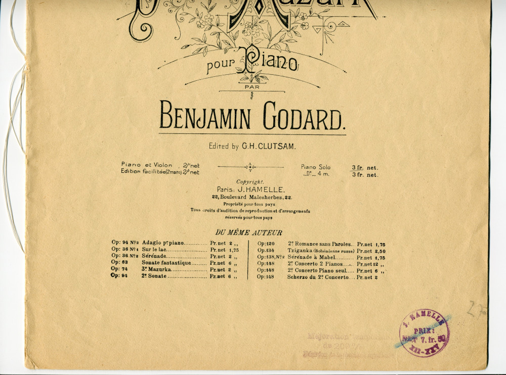 Partition de la «Deuxième Mazurk pour piano» de Benjamin Godard (J. Hamelle, Paris – dédicace «à Madame Annette Essipoff»)